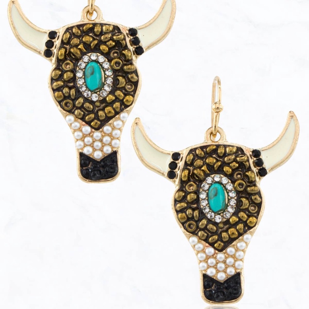 Bull metal studded earrings with semi precious Turqouise stone.